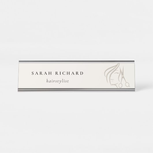 Minimal Elegant Haarstylist Elfenbeinhaarschere Schreibtischnamensplakette (Vorderseite )