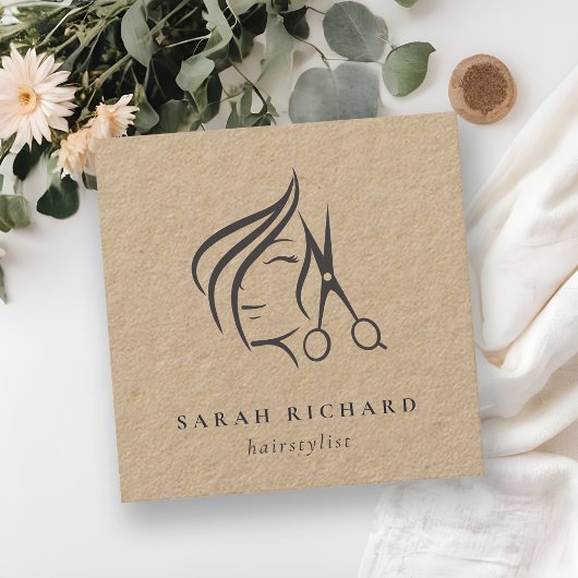Minimal Elegant Hairstylist Kraft Hair Scissor Quadratische Visitenkarte