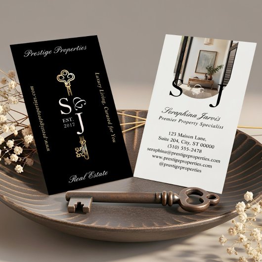 Minimal Elegant Key Monogram Stylish Arch Photo Visitenkarte