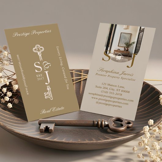 Minimal Elegant Key Monogram Stylish Arch Photo  Visitenkarte