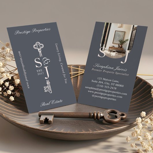 Minimal Elegant Key Monogram Stylish Arch Photo Visitenkarte