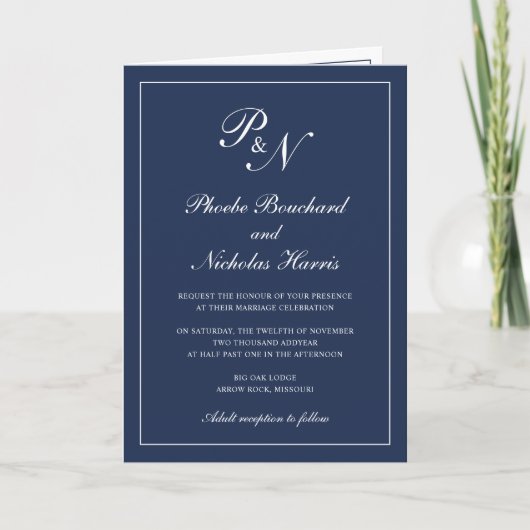 Minimal Elegant Navy Blue Monogram Formal Wedding Einladung (Vorderseite)