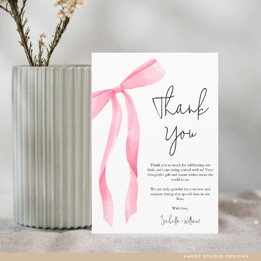 Minimal Elegant Pink Bow Baby Shower Dankeskarte