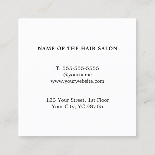 Minimal Elegant Schwarz-Schere Haar Stylist Quadratische Visitenkarte (Rückseite)