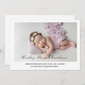 Minimal Elegant Script Baby Girl Arrival Card Ankündigung (Vorne/Hinten)