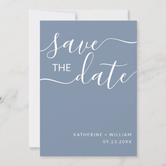 Minimal Elegant Script Dusty Blue Save the Date (Vorderseite)