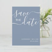 Minimal Elegant Script Dusty Blue Save the Date (Stehend Vorderseite)