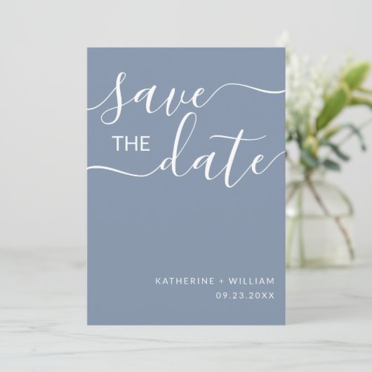 Minimal Elegant Script Dusty Blue Save the Date (Stehend Vorderseite)
