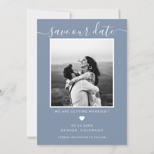 Minimal Elegant Script Dusty Blue Save the Date (Rückseite)