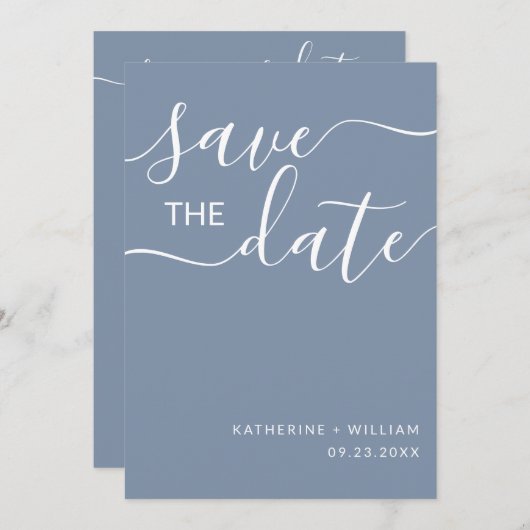 Minimal Elegant Script Dusty Blue Save the Date (Vorne/Hinten)