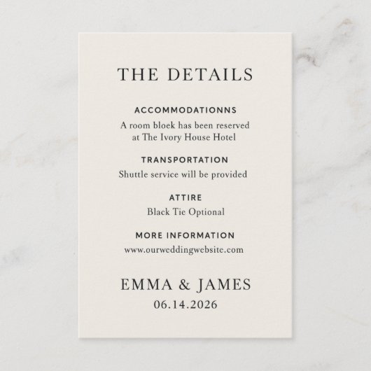 Minimal Elegant Wedding Details Card Begleitkarte (Vorderseite)