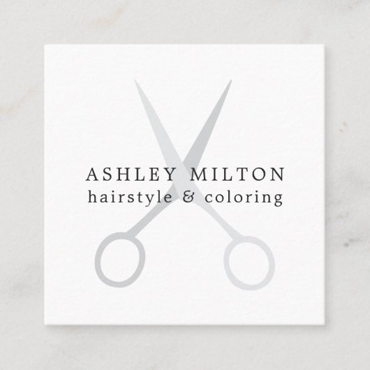 Minimal Elegant White Gray Scheren Haar Stylist Quadratische Visitenkarte (Vorderseite)