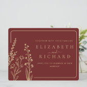 Minimal Elegante Gold Burgund Wildblume Hochzeit Einladung (Stehend Vorderseite)