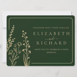 Minimal Elegante Gold Green Wildblume Hochzeit Einladung