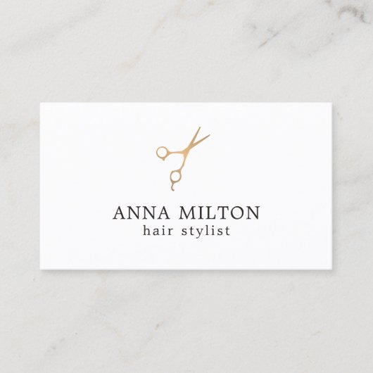 Minimal Elegante Imitate Gold Schere Haar Stylist Visitenkarte (Vorderseite)