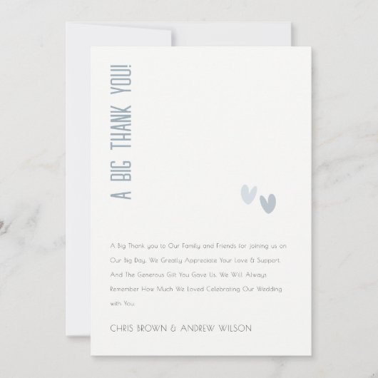 Minimal Elegante Pastel Dusky Blue Hearts Wedding Dankeskarte (Vorderseite)
