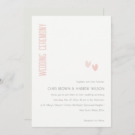 Minimal Elegante Pastel Dusky Pink Hearts Wedding Einladung (Vorne/Hinten)