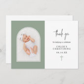 Minimal Elegante Sage Green Arch Foto Christening  Dankeskarte (Vorne/Hinten)