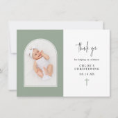 Minimal Elegante Sage Green Arch Foto Christening Dankeskarte (Vorderseite)