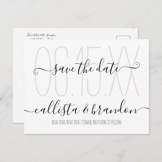 Minimal elegante Schwarz-weiße Hochzeit Sichern Si Ankündigungspostkarte (Vorne/Hinten)