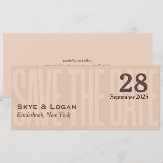 Minimal Elegante Typografie Mocha Slim Save The Date (Vorne/Hinten)