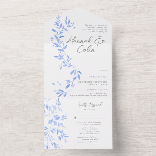 Minimal elegantes, blau gestrichenes Porzellan All In One Einladung (Innen Boden)