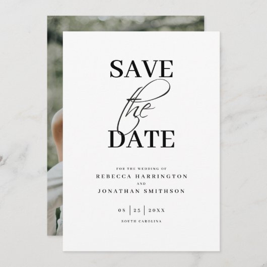 Minimal Elegantes Foto Schwarz-weiß Hochzeit Save The Date (Vorne/Hinten)
