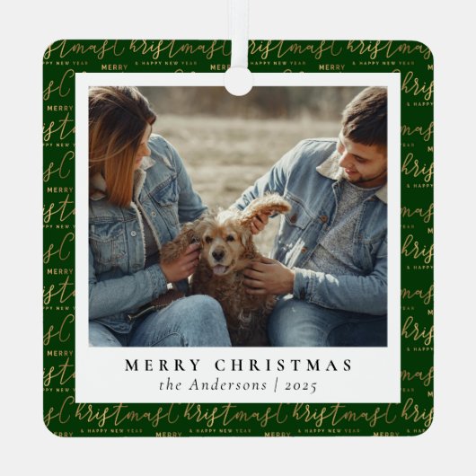 Minimal Elegantes Grün Gold Weihnachtscoupel Foto Ornament Aus Metall (Rückseite)