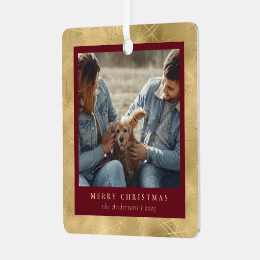 Minimal Elegantes Rot & Gold Weihnachtskuppel Foto Ornament Aus Metall (Vorderseite links)