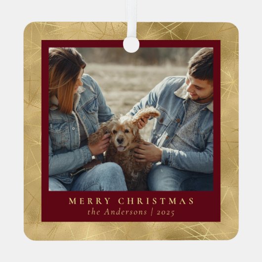 Minimal Elegantes Rot & Gold Weihnachtskuppel Foto Ornament Aus Metall (Rückseite)