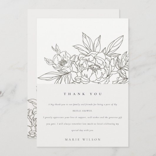 Minimal Eleganto Brown Floral Sketch Brautparty Dankeskarte (Vorne/Hinten)