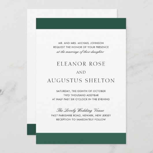 Minimal Emerald Green Elegant Moderne Hochzeit Einladung (Vorne/Hinten)