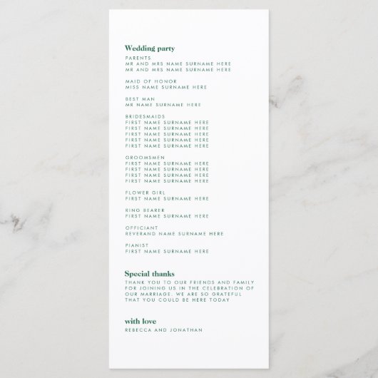Minimal Emerald Green Feather Wedding Program (Rückseite)