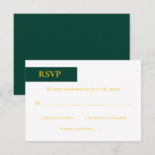 Minimal Emerald Green Gold Monogram Classy Wedding RSVP Karte (Vorne/Hinten)