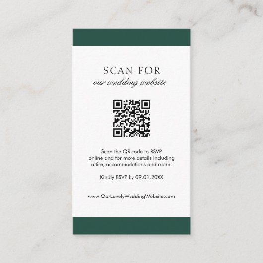 Minimal Emerald Green Modern QR Code Hochzeit Begleitkarte (Vorderseite)