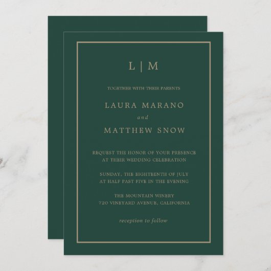 Minimal Emerald Green Monogram Simple Wedding Einladung (Vorne/Hinten)