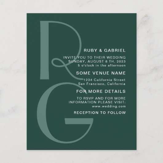 Minimal Emerald Green Typografy Monogram Wedding Flyer (Vorne)