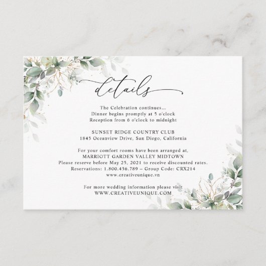 Minimal Eucalyptus Wedding Details Card Begleitkarte (Vorderseite)