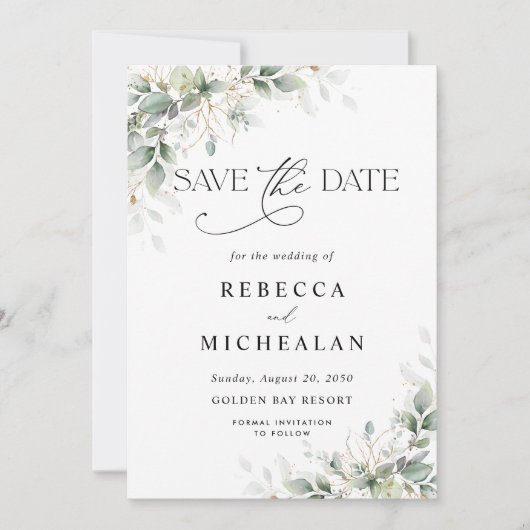 Minimal Eucalyptus Wedding Save The Date Einladung (Vorderseite)