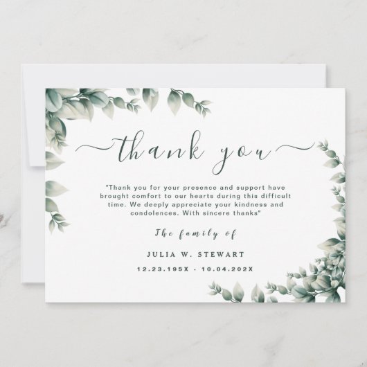 Minimal Eukalyptus Einfache Beerdigung Vielen Dank Karte (Vorderseite)