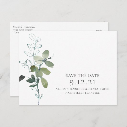 Minimal Eukalyptus Greenery Wedding Save the Date Ankündigungspostkarte (Vorne/Hinten)