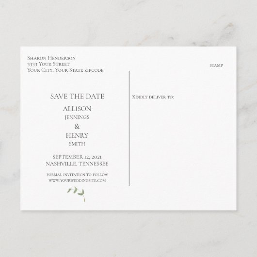 Minimal Eukalyptus Greenery Wedding Save the Date Ankündigungspostkarte (Rückseite)