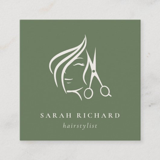 Minimal Fairstylist Dusky Moss Green Hair Schere Quadratische Visitenkarte (Vorderseite)