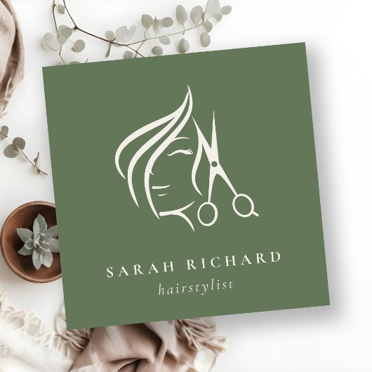 Minimal Fairstylist Dusky Moss Green Hair Schere Quadratische Visitenkarte