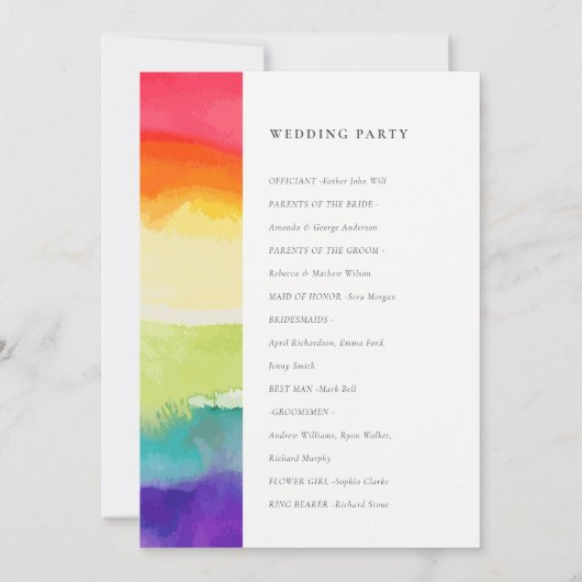 Minimal farbenfrohe Rainbow-Hochzeitsprogramm Einladung (Rückseite)