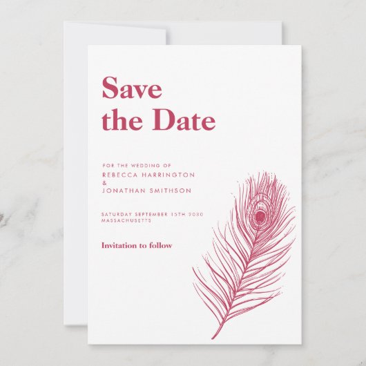 Minimal Feather Magenta Hochzeit speichern das Dat Einladung (Vorderseite)