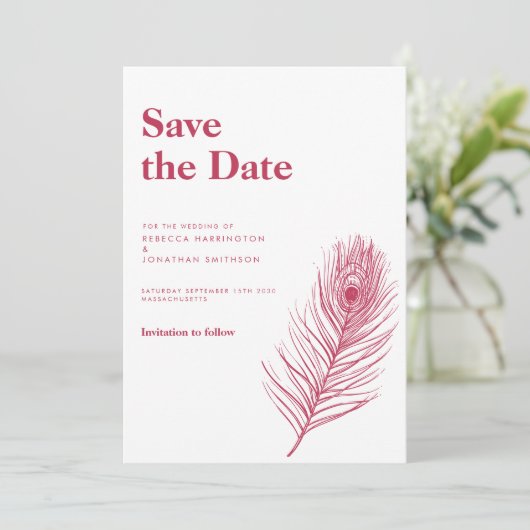 Minimal Feather Magenta Hochzeit speichern das Dat Einladung (Stehend Vorderseite)