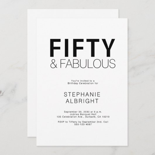 Minimal Fifty and Fabulous 50th Birthday Party Einladung (Vorne/Hinten)