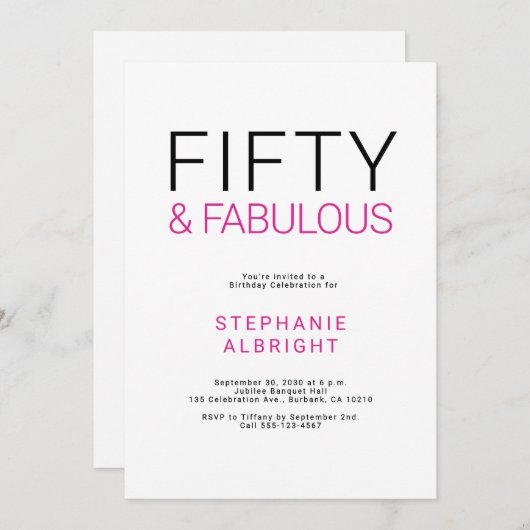 Minimal Fifty and Fabulous 50th Birthday Party Einladung (Vorne/Hinten)