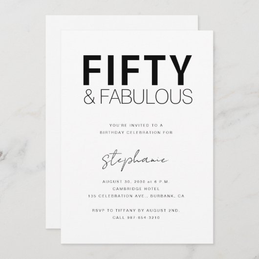 Minimal Fifty and Fabulous 50th Birthday Party Einladung (Vorne/Hinten)